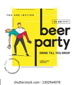 Beer Party Template design. Vector illustration of friends drinking beer. Man carrying another drunk man. Drinking concept.