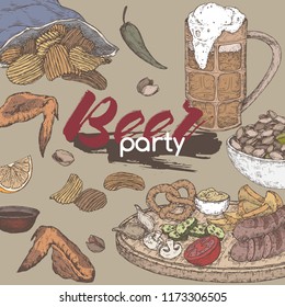 Beer party template with beer mug, chips, nuts, chicken wings and snack plate. Great for bar, restaurant, cards and menu, pub signs, culinary design.