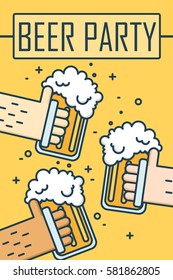 Beer party. Thin line flat design banner. Three hands holding beer glasses. Vector background.