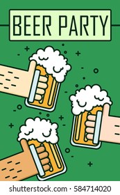 Beer party. Thin line flat design banner. Hands holding beer glasses. Vector background.