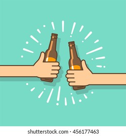 Fiesta de cerveza. Dos manos sosteniendo las botellas de cerveza. Ilustración vectorial en estilo plano.