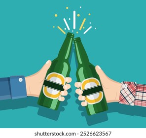 Beer party. Two mans holding in hands the beer bottles. Toast. Drinking alcoholic beverages. vector illustration in flat style