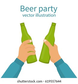 Beer party. Two mans holding in hands the beer bottles. Toast. Drinking alcoholic beverages. Friday party. Vector illustration flat design. Isolated on white background. Drinking together.