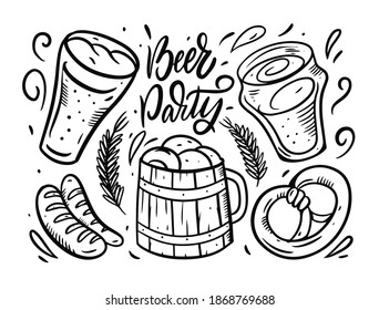 Beer party vector composition. Hand drawn black color vector illustration. Objects set. Isolated on white background.