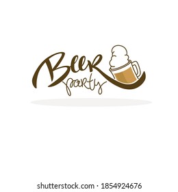 beer party, vector illustration with draft beer mugs and lettering composition for your pub logo, label, menu, emblem, line art, doodle style