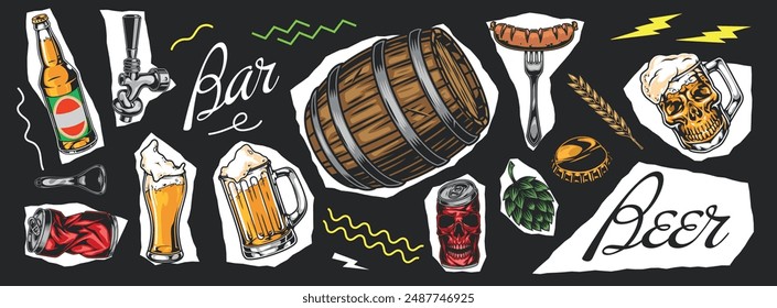 Beer party vintage banner colorful with barrel of ale and bottle or mugs filled with foamy alcoholic pint vector illustration