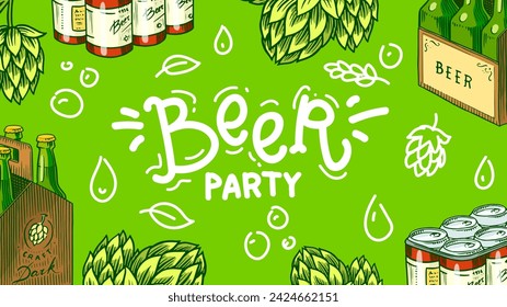 Beer Party Written On It. Beer festival. Vintage Alcoholic. Mug with drink in hand. American banner or poster. Party and holiday. Hand drawn engraved sketch for web, pub menu.