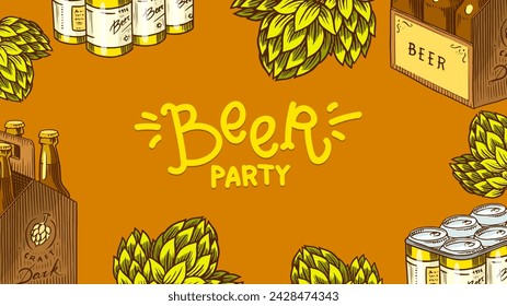 Beer Party Written On It. Beer festival. Vintage Alcoholic. Mug with drink in hand. American banner or poster. Party and holiday. Hand drawn engraved sketch for web, pub menu.