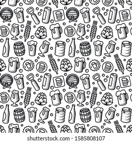 Beer pattern background. Engraved style beer isolated vector black illustrations.