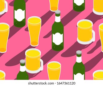 Beer pattern seamless. beer mug and bottle texture. vector background