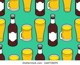 Bier Muster nahtlos. Bierkrug und Flaschenstruktur. Vektorillustration Hintergrund