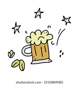 beer and peanuts. Hand drawn doodle vector art style clip art. Naive childish art illustration