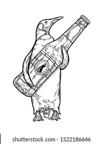 Beer penguin like drink alcohol. Vector draw art illustration. Engravering vector art
