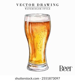 Beer in Pilsner Beer Glass Vintage Watercolor style Stock vector