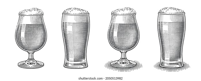 Beer pints. Hand drawn engraving style illustrations.