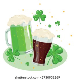 Bier Pints auf Teller, St Patrick Becher Illustration. Festive Green Pint, Irish Beer und Shamrock Graphic. Patrick’s Day Beer