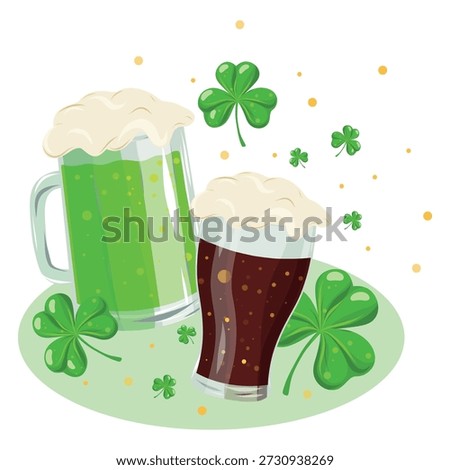Beer Pints on Plate, St Patrick Mug Illustration. Festive Green Pint, Irish Beer and Shamrock Graphic. Patrick’s Day Beer