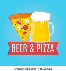 Beer and Pizza flat design illustration. Food concept