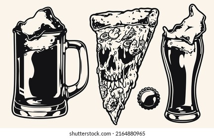 Beer pizza monochrome sketch vintage foamy drink with hot in glasses for alcoholic parties and pizza with eyes vector illustration