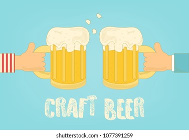 Beer placard. Two hands holding mugs. Vector illustration.