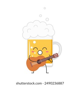 Beer plays the guitar sings cute character cartoon smiling face cheerful kawaii happy emotions icon vector illustration.