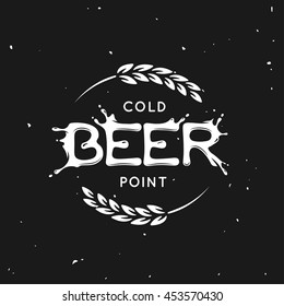 Beer point lettering poster. Pub emblem on black background. Hand crafted creative beer related composition. Design elements for chalkboard advertising. Vector vintage illustration.