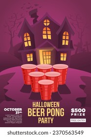 beer pong challange for halloween party  editable poster template. beer plastics in front of spooky house.  vector illustration