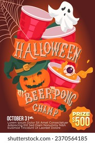 beer pong challange for halloween party. pumpkin, ghost and  beer glass.  editable poster template vector illustration