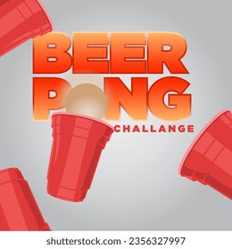 beer pong challange. modern style square size social media banner with flying glass and 3d text effect. beer pong vector illustration poster template