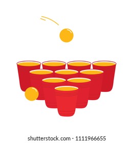 Beer pong, famous party drinking game, vector cartoon illustration.