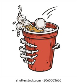 Beer pong game. Beer cup with skeleton hand, flying ball and foam splash. Design for competition or tournament in bar. Alcohol sport with throw and drink. College challenge with booze