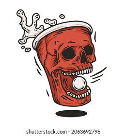 Beer pong game. Beer cup skull and flying ball with foam splash. Design for competition or tournament in bar. Alcohol sport with throw and drink. College challenge with booze