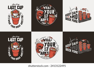 Beer pong game prints, craft beer mug with foam and skull or skeleton