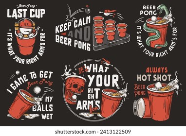 Beer pong game prints for drink party. Craft beer mug with foam and skull and snake