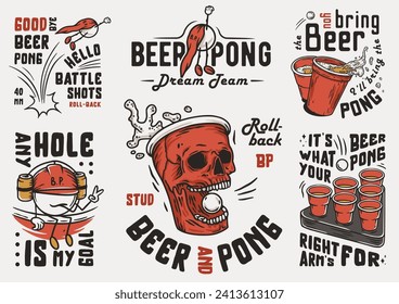 Beer pong game set. Prints with beer cup skull and ball with foam splash. Design of alcohol sport with throw and drink. College challenge with booze
