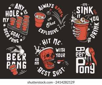 Beer pong or beer game with skull and skeleton hand for drink party or sport alcohol bar. Craft mug with foam and ball