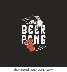 Beer pong game. T-shirt print with beer cup and flying ball with wings. Alcohol sport with throw and drink. College challenge with booze