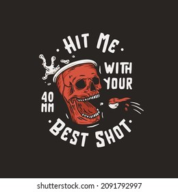 Beer pong game. T-shirt print with beer cup skull and flying ball man with foam splash. Design of alcohol sport with throw and drink. College challenge with booze