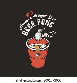 Beer pong game. T-shirt print with beer cup and flying ball with wings. Alcohol sport with throw and drink. College challenge with booze