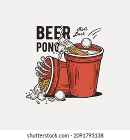 Beer pong game. T-shirt print with beer cups and flying ball and skeleton hand for design competition or tournament in bar. Alcohol sport with throw and drink. College challenge with booze