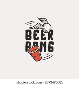 Beer pong game. T-shirt print with beer cup and flying ball with wings. Alcohol sport with throw and drink. College challenge with booze