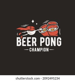Beer pong game. T-shirt print with beer flying ball man for design competition or tournament in bar. Alcohol sport with throw and drink. College challenge with booze