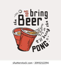 Juego de pong de cerveza. Una camiseta con tazas de cerveza y una bola voladora para un concurso de diseño o un torneo en un bar. Deporte de alcohol con botas y bebidas. Desafío universitario con alcohol