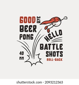 Beer pong game. T-shirt print with beer flying ball man for design competition or tournament in bar. Alcohol sport with throw and drink. College challenge with booze