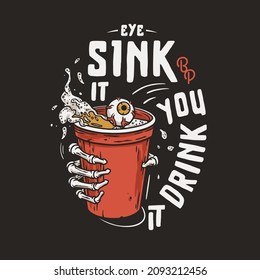 Beer pong game. T-shirt print with beer cups and flying ball for design competition in bar. Alcohol sport with and skeleton hand, eye or eyeball and throw and drink. College challenge with booze