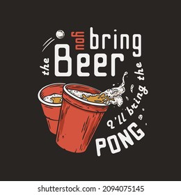 Beer pong game. T-shirt print with beer cups and flying ball for design competition or tournament in bar. Alcohol sport with throw and drink. College challenge with booze