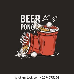 Beer pong game. T-shirt print with beer cups and flying ball and skeleton hand for design competition or tournament in bar. Alcohol sport with throw and drink. College challenge with booze