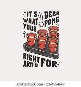 Beer pong game. T-shirt print with beer cups and flying ball for design competition or tournament in bar. Alcohol sport with throw and drink. College challenge with booze