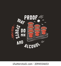 Beer pong game. T-shirt print with beer cups and flying ball for design competition or tournament in bar. Alcohol sport with throw and drink. College challenge with booze