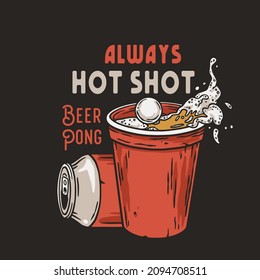 Beer pong game. T-shirt print with beer cups, metal can and flying ball for design competition or tournament in bar. Alcohol sport with throw and drink. College challenge with booze